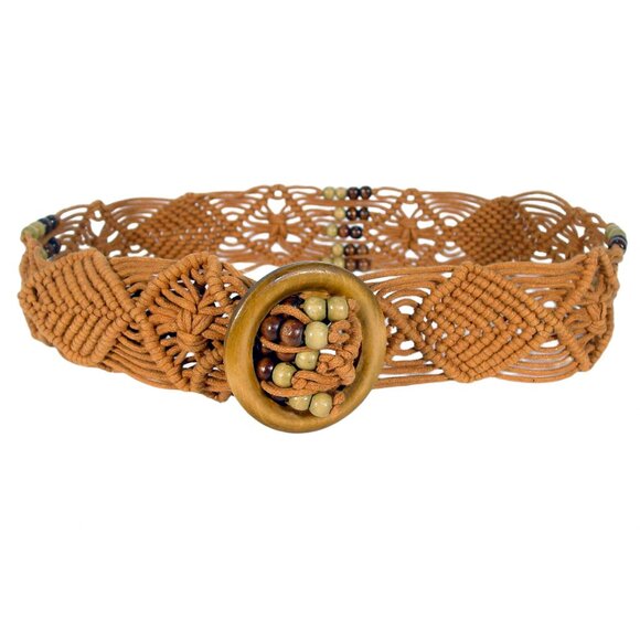 ARTISAN Handmade Wide Macrame Beaded Belt Wooden Buckle O/S - Picture 1 of 4